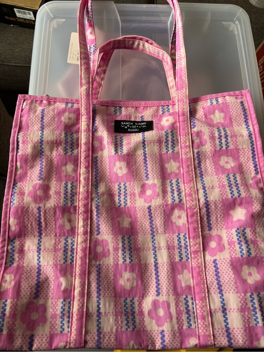 BAGGU Pink Floral Checkered Tote with Lavender Accents